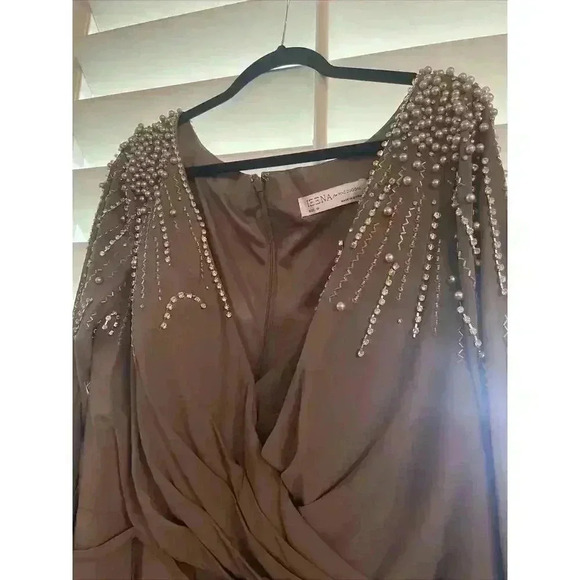 MAC DUGGAL GOWN 18 MAXI DRESS 55715 MOCHA FAUX WRAP JERSEY EMBELLISHED CRYSTALS - Picture 10 of 13